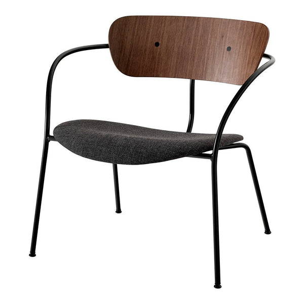 Modern chair featuring a rich walnut backrest, sleek black metal frame, and a stylish gray fabric seat.