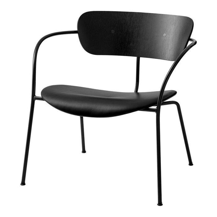 Modern black chair with a sleek design and minimalistic curves, featuring a matte finish and sturdy metal frame.