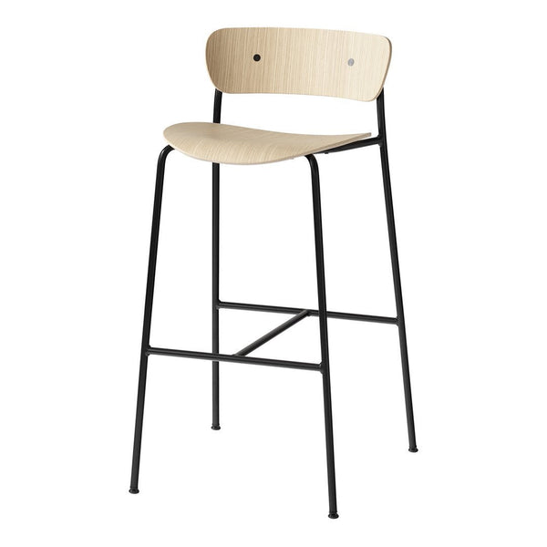 Natural wood and sleek black metal bar stool with minimalist design, featuring a smooth, light wood finish and simple curves.