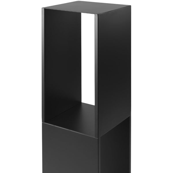 Sleek black metal display stand with a modern open design and minimalistic style. Ideal for showcasing products.