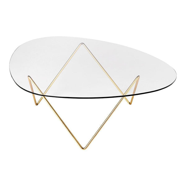 Clear glass coffee table with a geometric gold metal base, featuring an elegant, minimalist design.