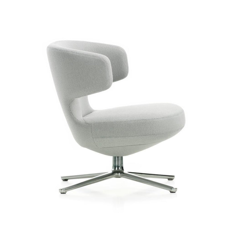 Light grey upholstered chair with a sleek, modern design and chrome base, offering a smooth, minimalist aesthetic.