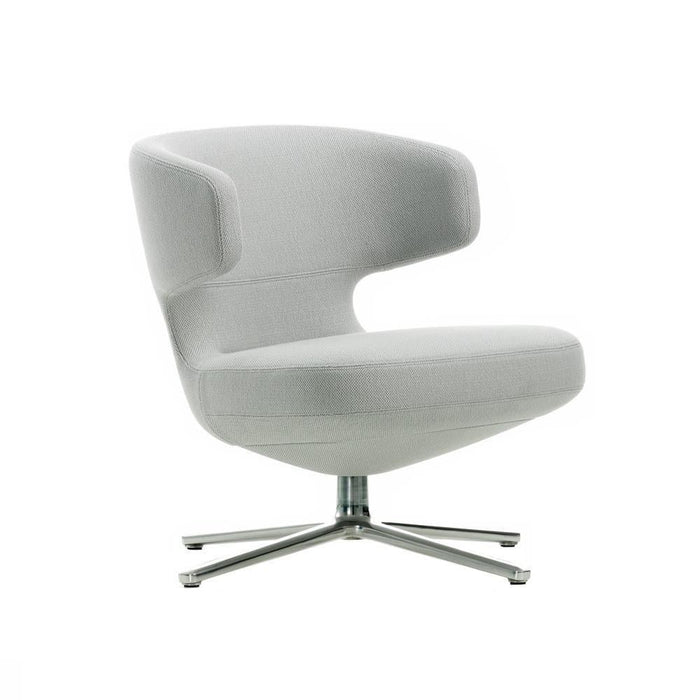 Modern swivel chair in soft gray upholstery with a smooth, minimalist design and polished metal base.
