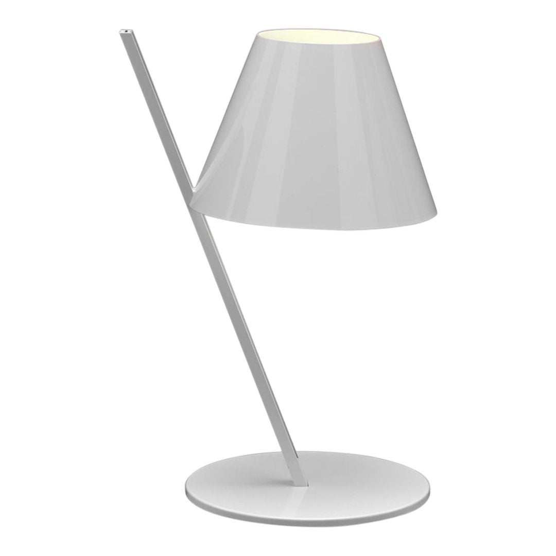 Modern white table lamp with a sleek conical shade and minimalist base. Elegant simplicity in a monochrome design.