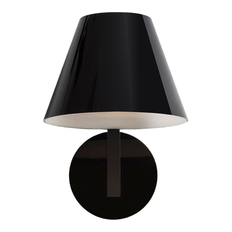 Black modern wall lamp with a sleek cone shade and circular base, featuring a minimalist design and glossy finish.