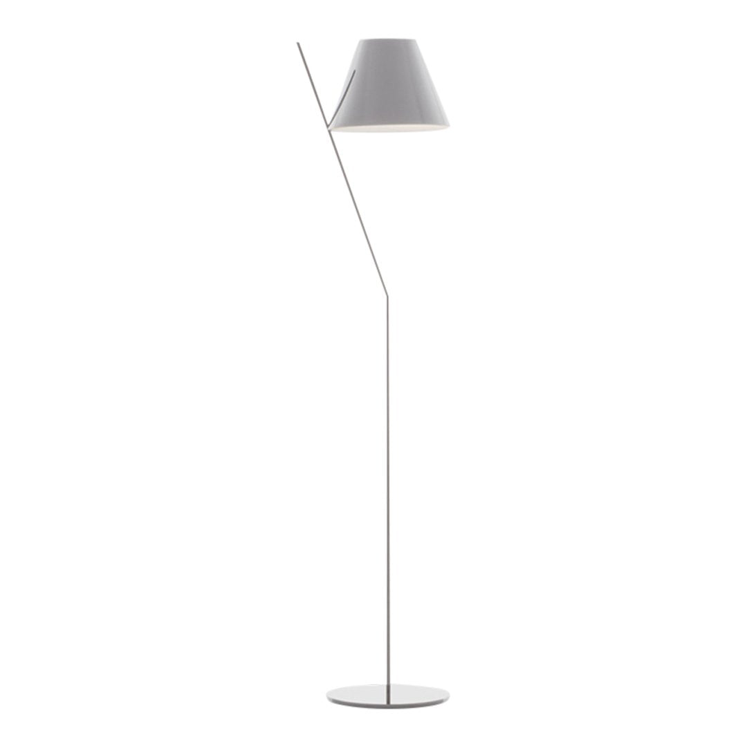 Modern floor lamp with a sleek silver base and a minimalist gray lampshade, featuring a unique asymmetrical design.