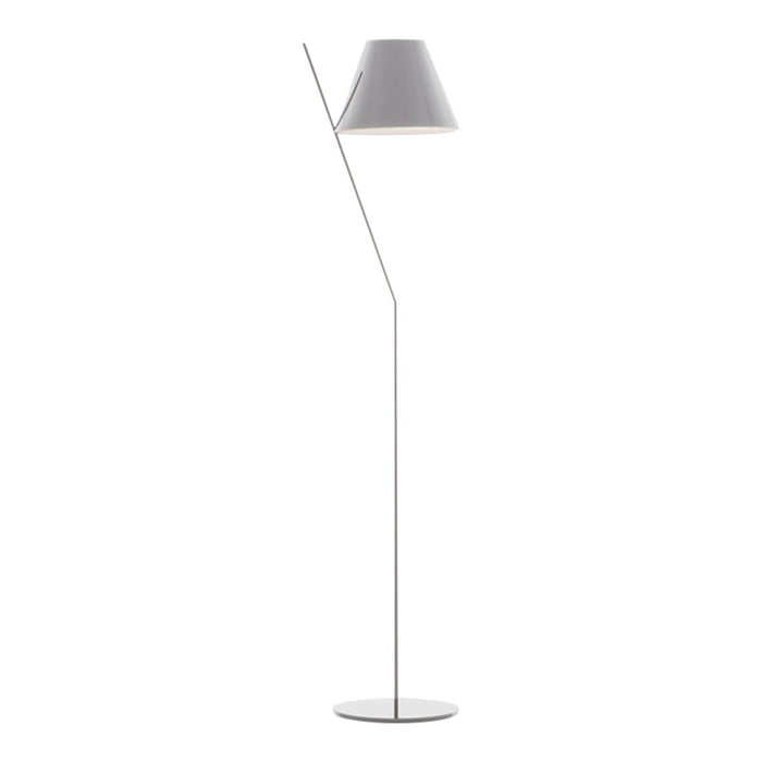 Modern floor lamp with a sleek silver base and a minimalist gray lampshade, featuring a unique asymmetrical design.