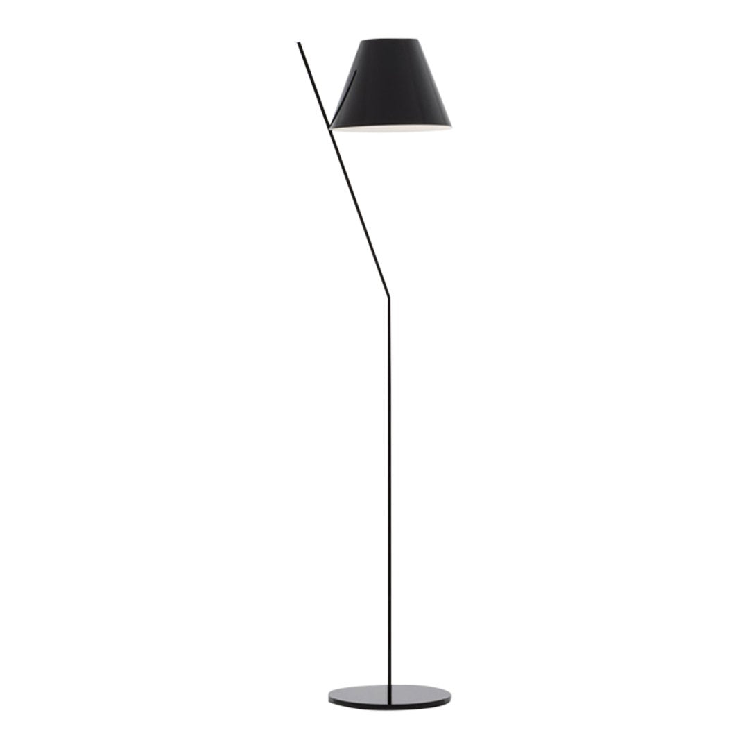 Sleek black floor lamp with a minimalist geometric design and classic black shade. Perfect for modern decor.
