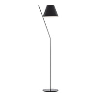 Sleek black floor lamp with a minimalist geometric design and classic black shade. Perfect for modern decor.