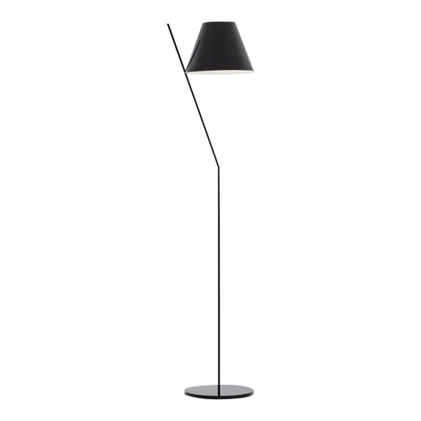 Sleek black floor lamp with a minimalist geometric design and classic black shade. Perfect for modern decor.