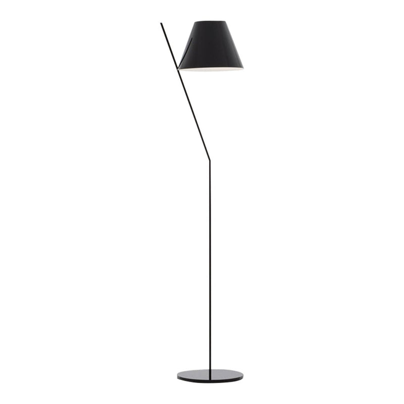 Sleek black floor lamp with a minimalist geometric design and classic black shade. Perfect for modern decor.