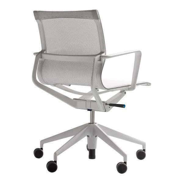 White mesh office chair with sleek, modern design and a polished silver frame, featuring a minimalist pattern.