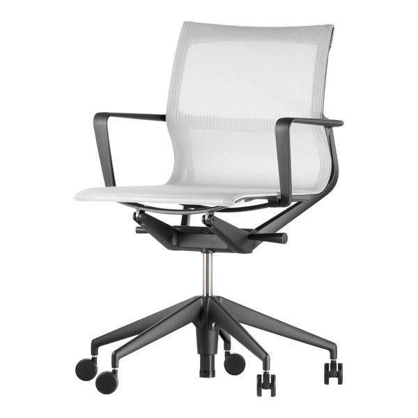 Modern ergonomic office chair in sleek white mesh with black accents and five-star base. Ideal for contemporary workspaces.
