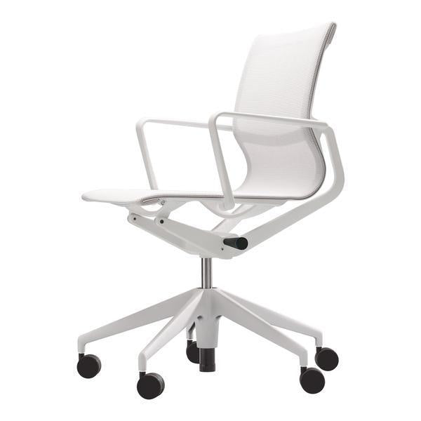 Modern white office chair with sleek lines and a mesh backrest, featuring a minimalist design and subtle curves.