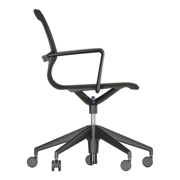 Black ergonomic office chair with sleek lines and a minimalist design, featuring a mesh back and five-star base.
