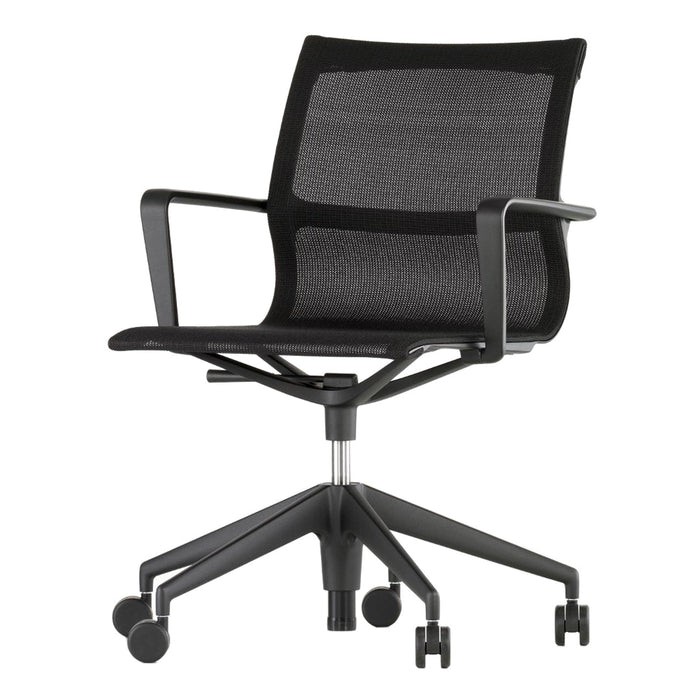Black mesh office chair with a sleek, modern design and minimalistic black framework, featuring a chic, mesh pattern.