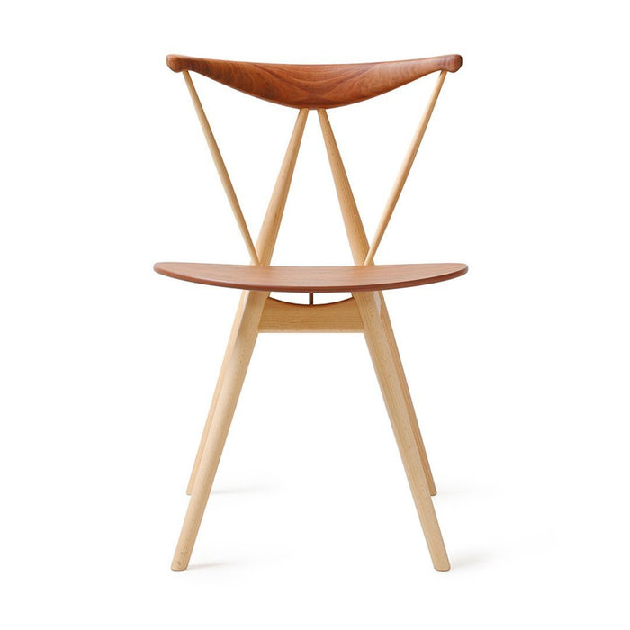 Mid-century wooden chair with a warm walnut seat and light natural wood legs, featuring a minimalist design.