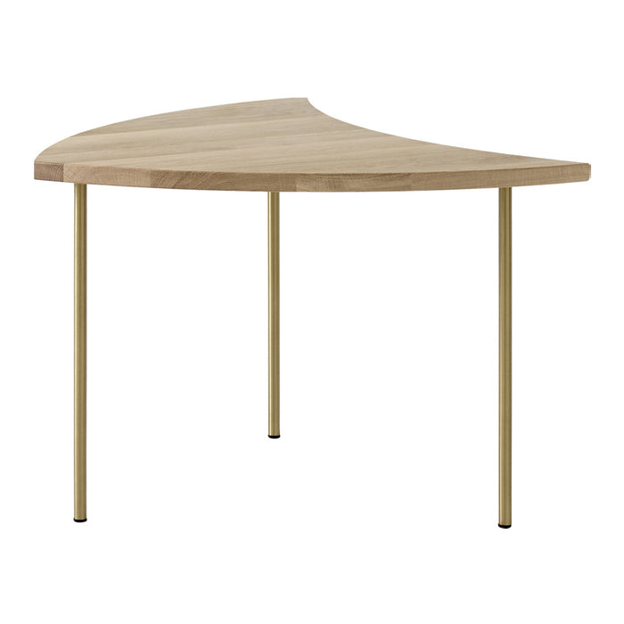 Light wood tabletop with smooth curves, set on sleek, gold metal legs for a modern, elegant look.