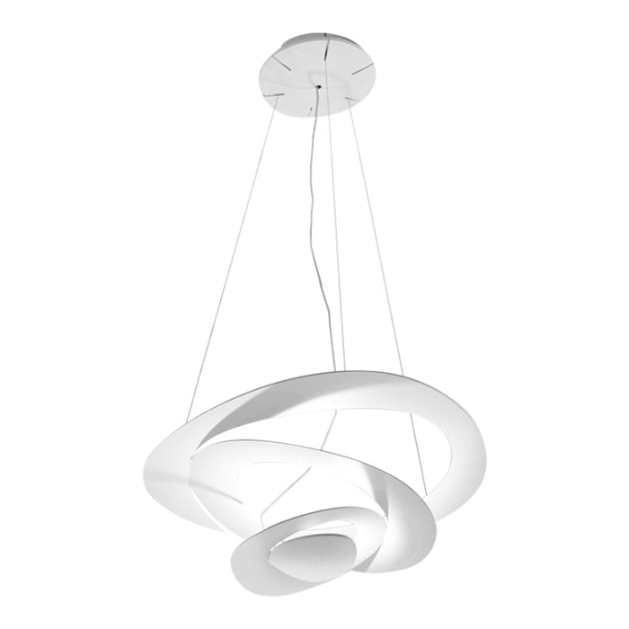 Modern white chandelier with a sleek, swirling design and minimalist pattern, perfect for contemporary decor.