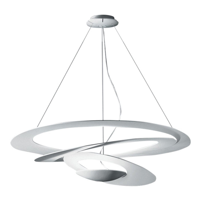 Sleek white pendant light with a modern circular design and smooth lines, perfect for contemporary decor.