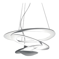 Sleek white modern pendant light with swirling circular patterns for a contemporary look. Perfect for any decor style.