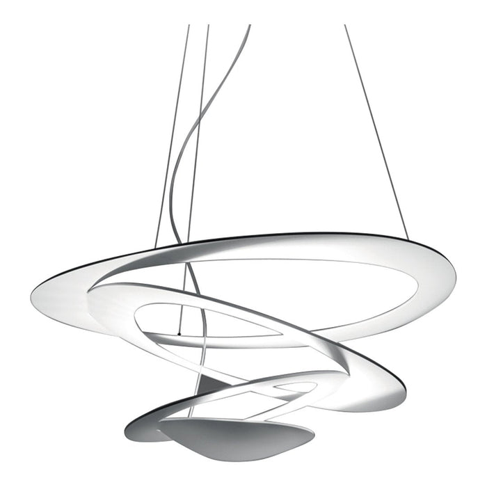 Sleek white modern pendant light with swirling circular patterns for a contemporary look. Perfect for any decor style.