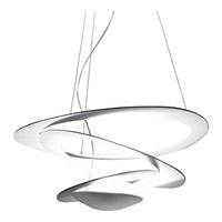 Modern spiral pendant light featuring smooth white curves and sleek silver accents for a stylish touch.