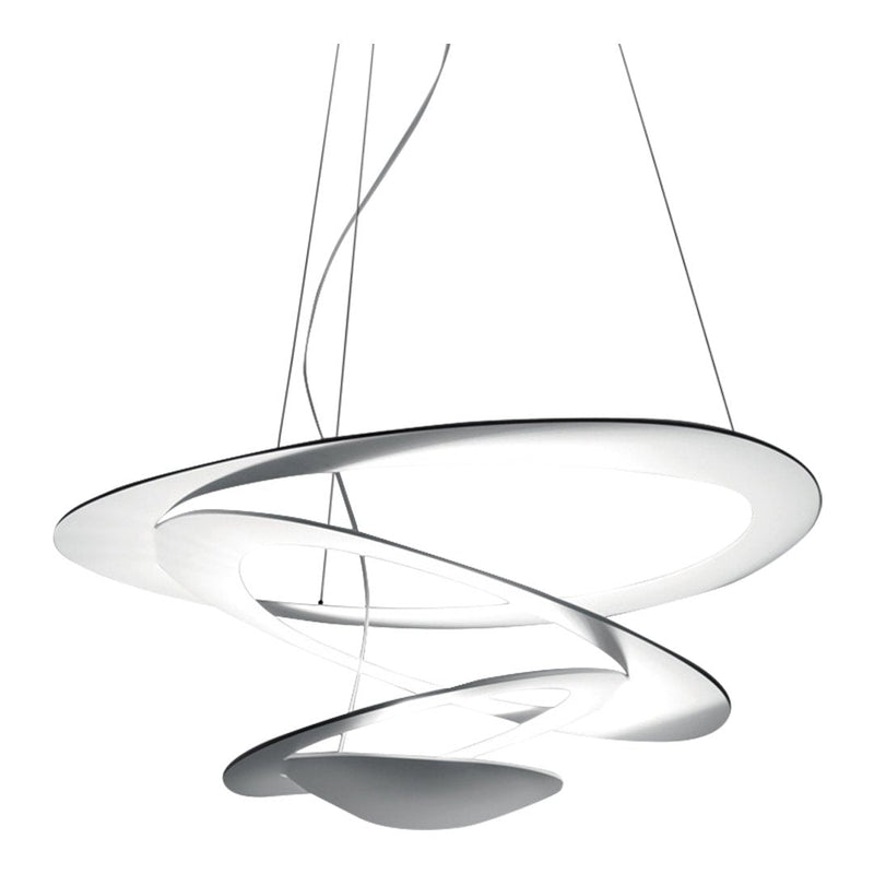 Modern spiral pendant light featuring smooth white curves and sleek silver accents for a stylish touch.
