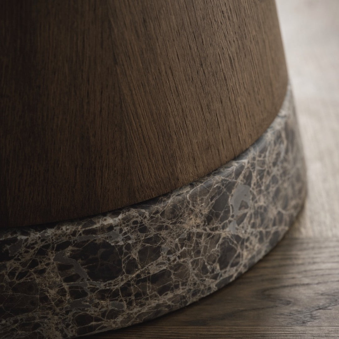 Wooden base with dark marble pattern and rich brown tones, highlighting natural textures and elegant design.