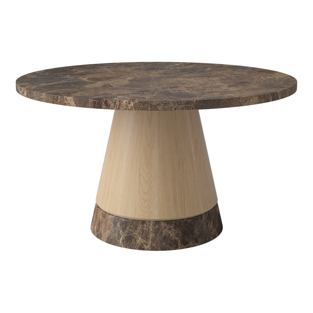 Round table with a dark patterned top and a light wood conical base, showcasing a stylish two-tone design.