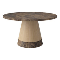 Round table with a dark patterned top and a light wood conical base, showcasing a stylish two-tone design.