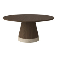 Round brown wooden table with a sleek white marble base, featuring a modern minimalist design.