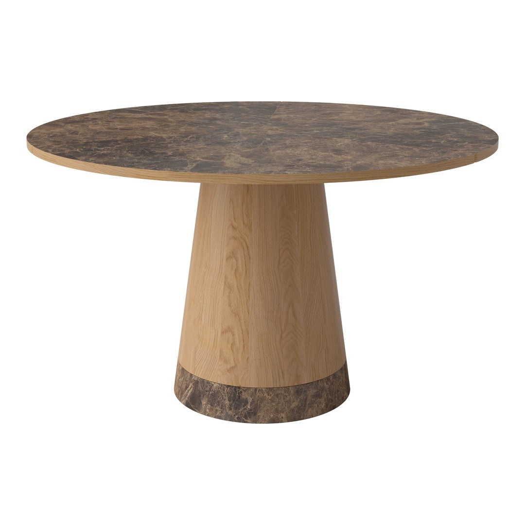 Natural wood finish with a circular dark patterned top, featuring a conical base in light beige. Elegant modern design.