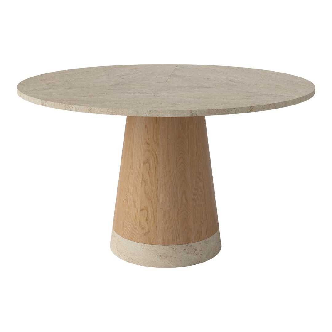Round wooden table with a light beige tabletop and a natural wood conical base, showcasing a modern, minimalist design.