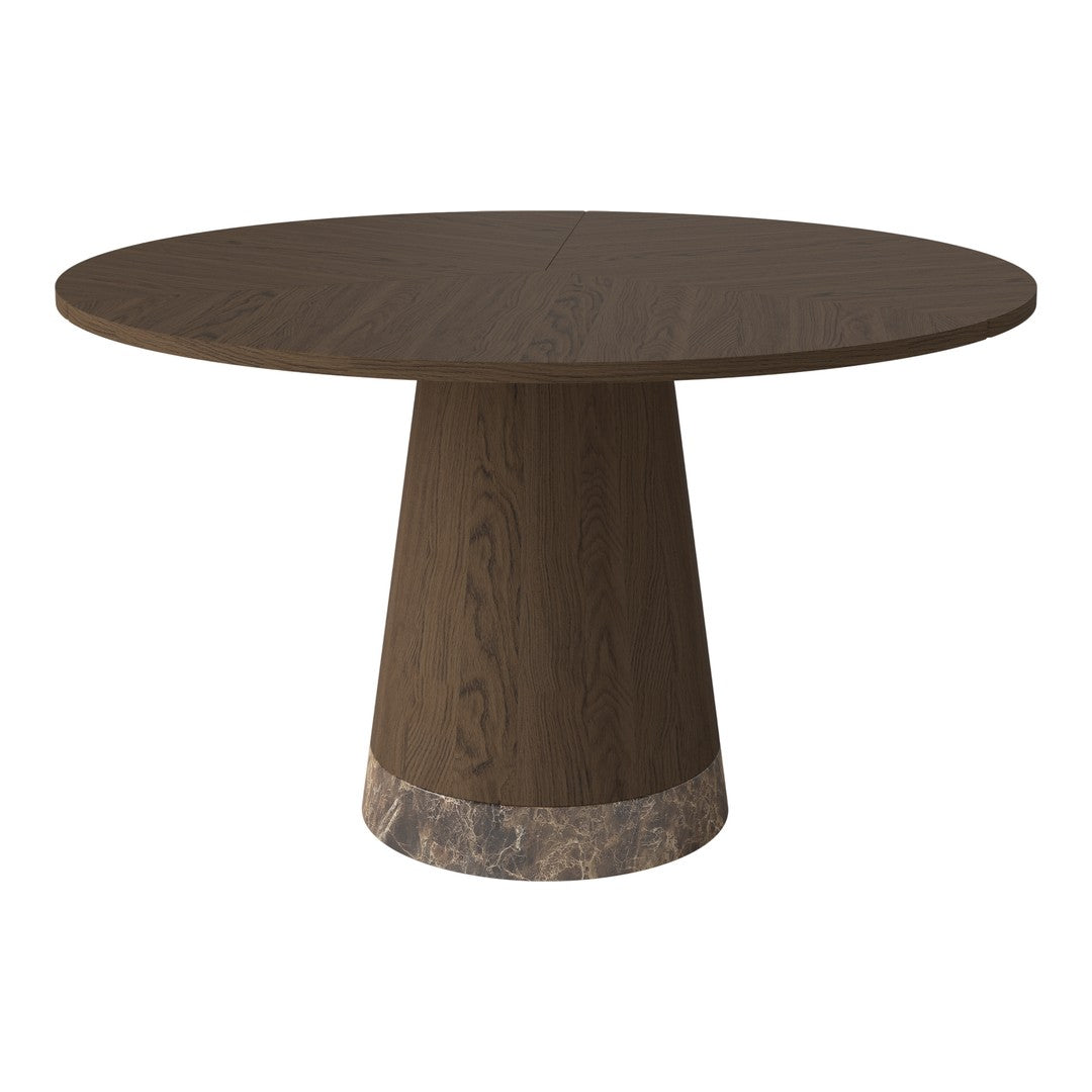 Round wooden table in deep brown with a textured base featuring a smooth, lighter stone accent.