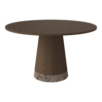 Round wooden table in deep brown with a textured base featuring a smooth, lighter stone accent.