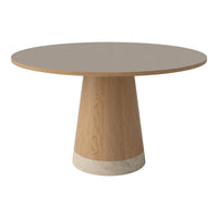 Round table with a light wood finish and smooth gray top, featuring a tapered base with a marble accent.