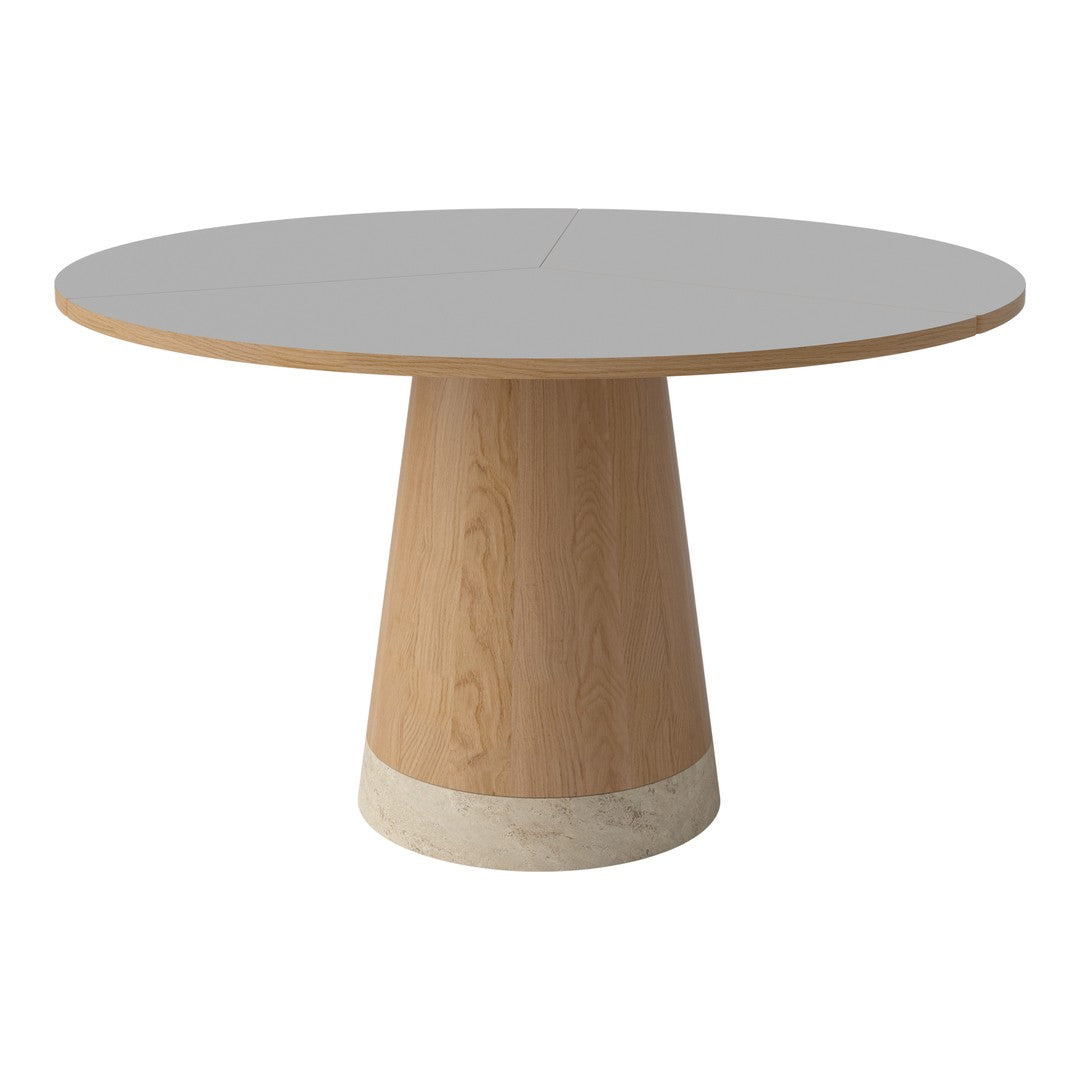 Round dining table with a sleek gray top and a natural wood base featuring a subtle textured finish.