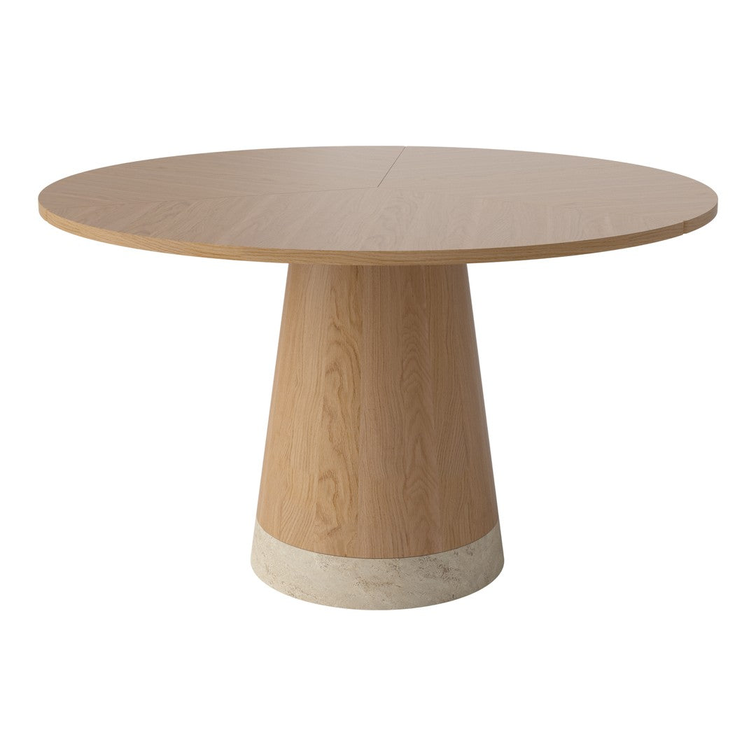 Round wooden table with a light wood finish and a white stone base, featuring a simple, modern design.