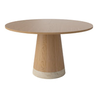Round wooden table with a light wood finish and a white stone base, featuring a simple, modern design.