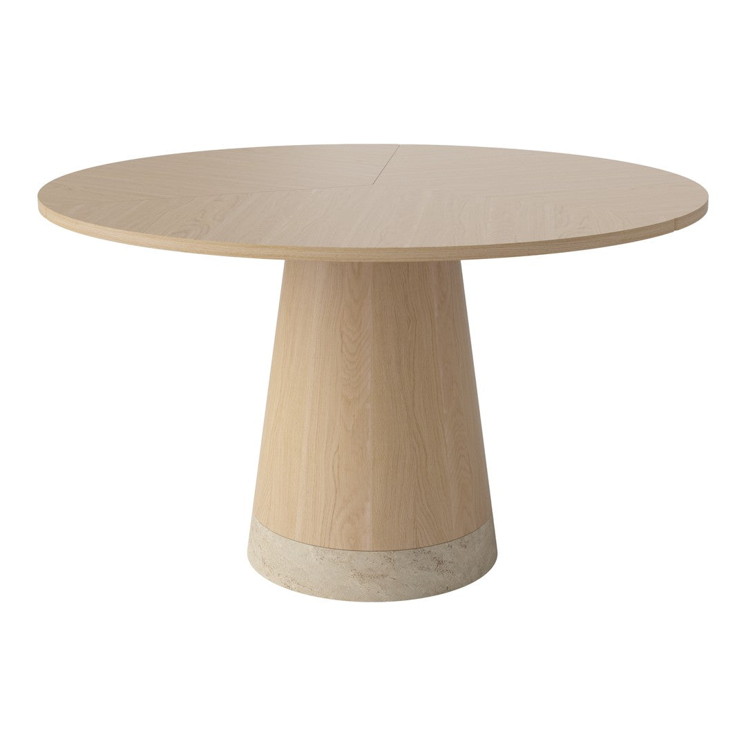 Light wood round dining table with a smooth finish and a cream-colored base, showcasing modern design aesthetics.