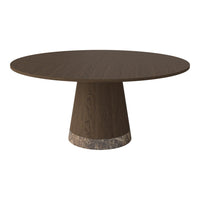 Round brown dining table with a smooth wood finish and a contrasting marble base. Elegant and modern design.