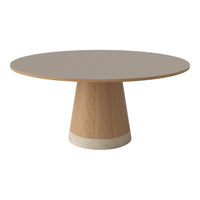 Round dining table in soft beige with a natural wood base and a smooth, light-colored top. Modern and minimalistic design.