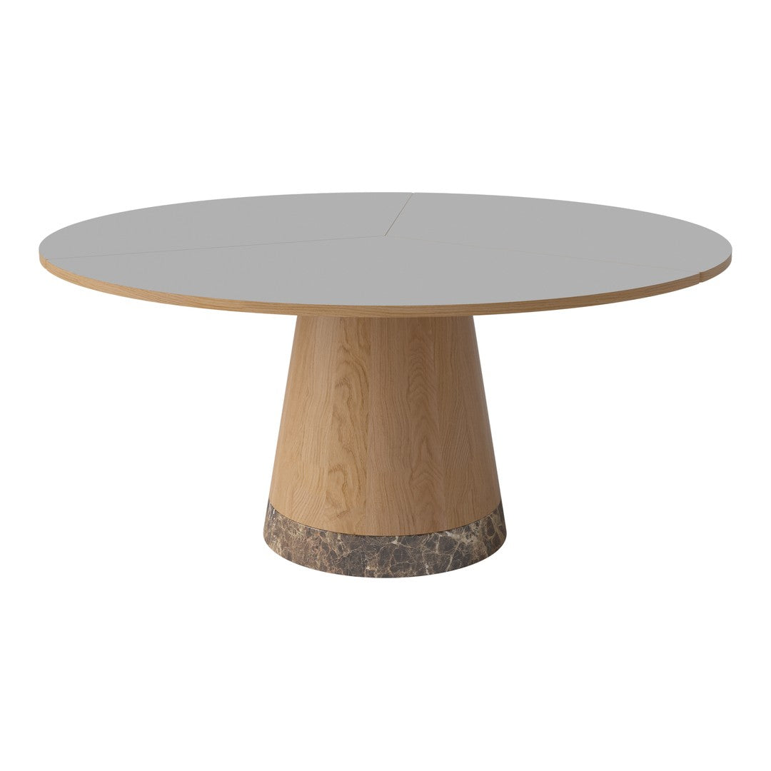 Round table with a smooth gray top and a natural wood base featuring a marble accent at the bottom.