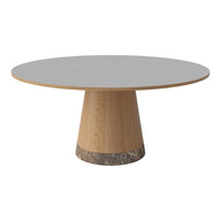 Round table with a smooth gray top and a natural wood base featuring a marble accent at the bottom.