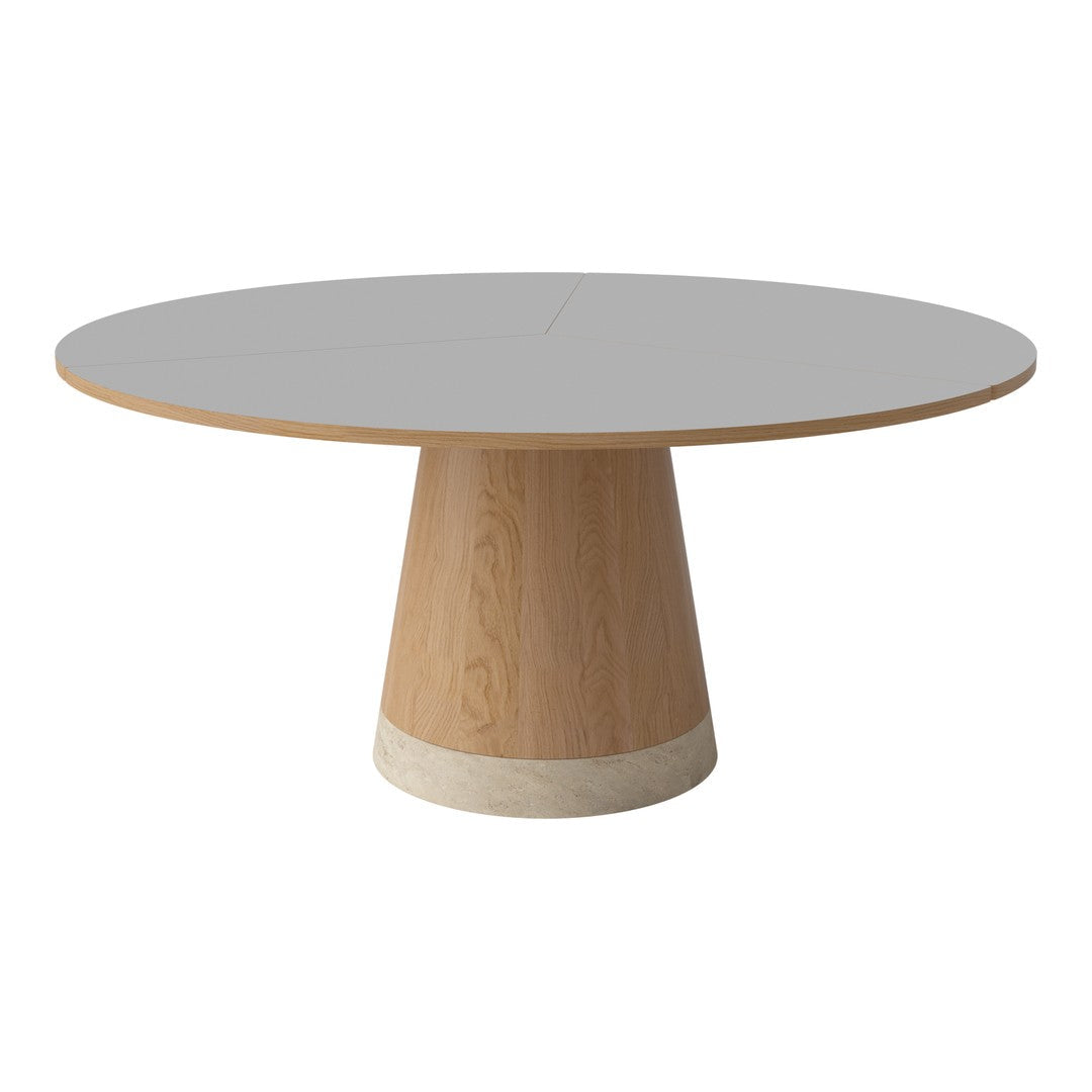 Round table featuring a sleek gray top and a light wood base with a smooth, minimalist design.