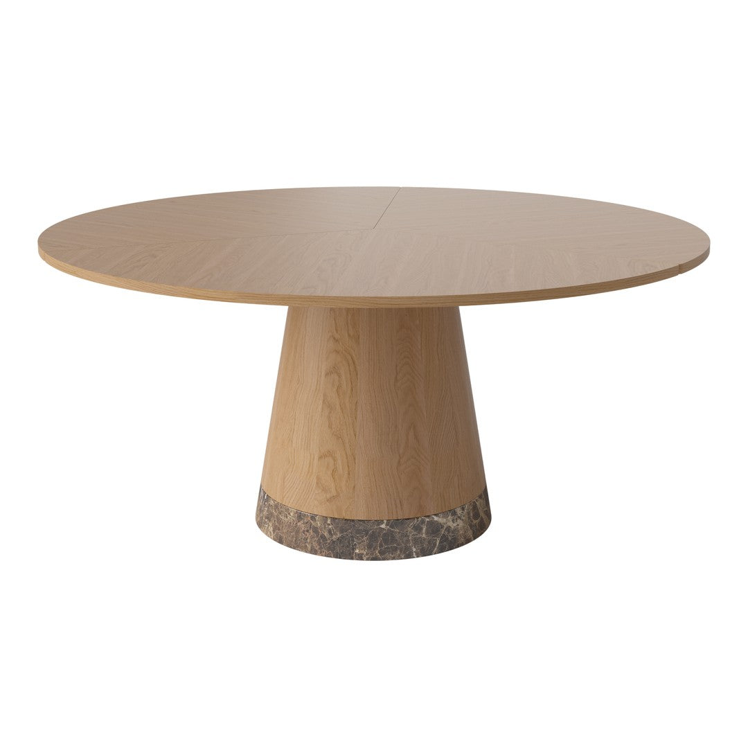 Round wooden dining table with a natural finish and a patterned marble base, showcasing a modern, minimalistic design.