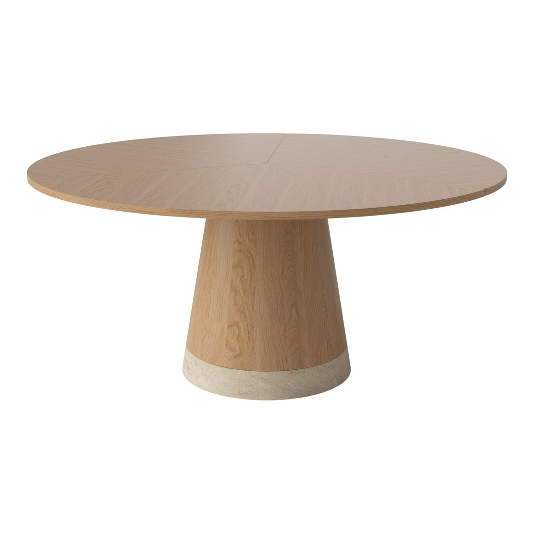 Round wooden dining table with a light oak finish and a contrasting cream base, featuring a smooth, modern surface.
