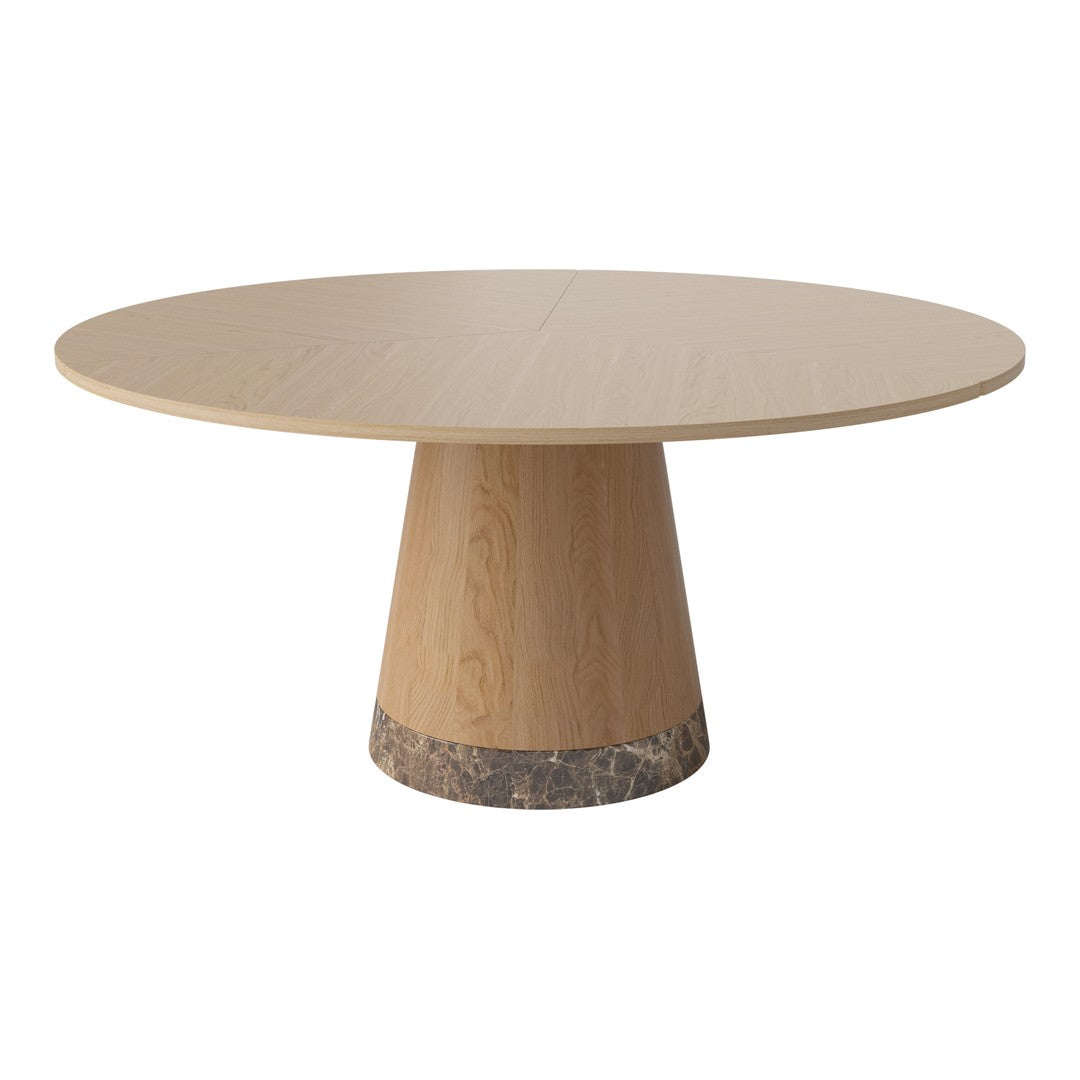 Round wooden dining table with a smooth light beige surface and a contrasting textured gray marble base.