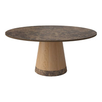 Round table with a dark patterned top and a light wood base, featuring earthy tones and a smooth finish.